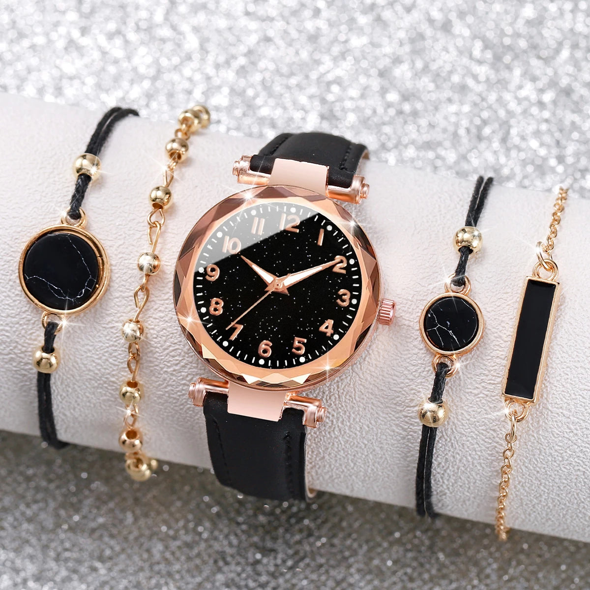 5Pcs/Set Women Watches Bracelets Set Fashion Starry Sky Dial Leather Band Quartz Watch