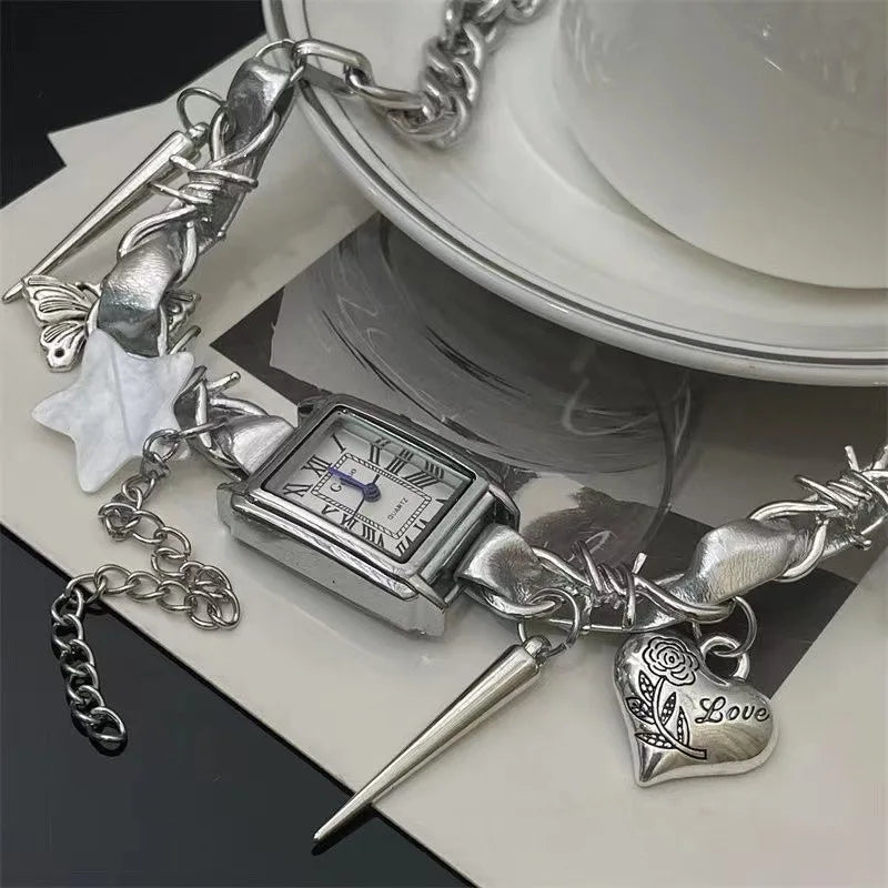 Y2K Cyber Punk Leather Watch Pendant Stainless Steel Choker Collar Gothic Butterfly Star Charm Necklace for Women Jewelry