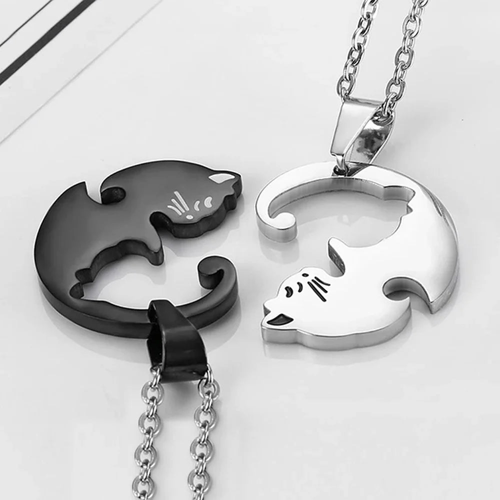 Two Cat Couple Necklaces Jewelry Stainless Steel Black White Kitten Animal Pendant Choker Necklace Lovers Friendship Gift