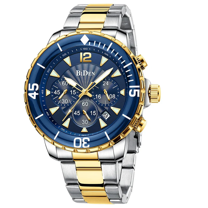 Luxury Blue Watch Men Top Brand BIDEN 3ATM Waterproof Classic Golden Blue Chrono Business Casual Men Wristwatch Gifts for Men