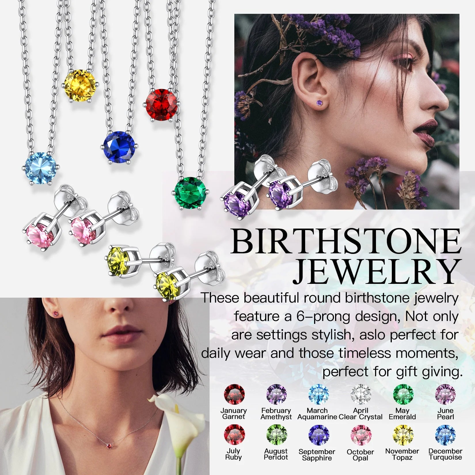 925 Sterling Silver 6 Prong Birthstone Necklace, Dainty Small Crystal Jewelry for Women Girls