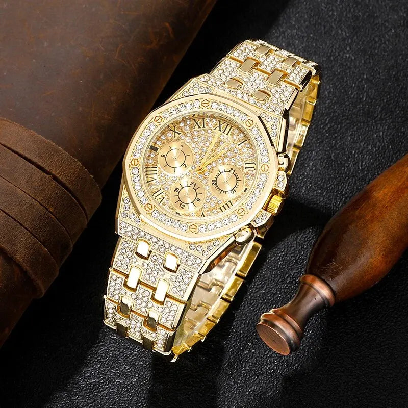 Luxury Men Watch Stainless Stee Band Golden Watches for Men Fashion Hip Hop Watch Diamond Big Dial Business Quartz Wristwatches