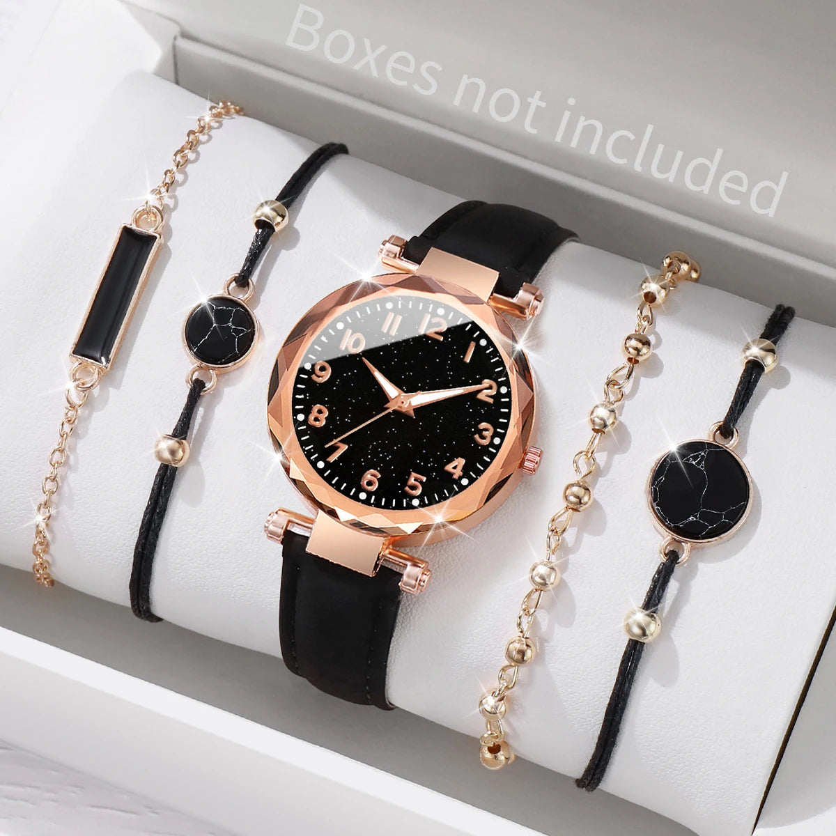 5Pcs/Set Women Watches Bracelets Set Fashion Starry Sky Dial Leather Band Quartz Watch