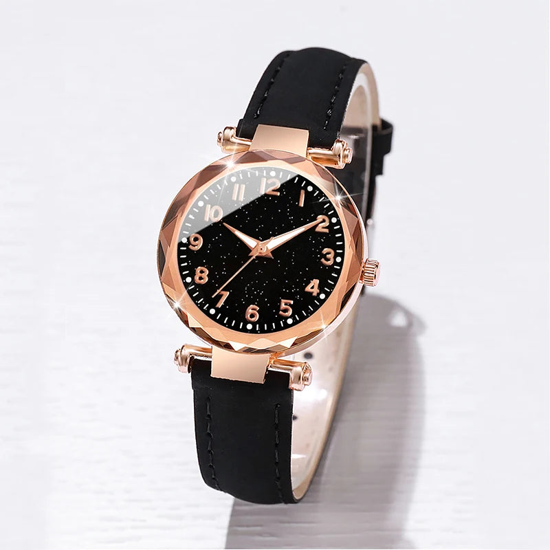 5Pcs/Set Women Watches Bracelets Set Fashion Starry Sky Dial Leather Band Quartz Watch